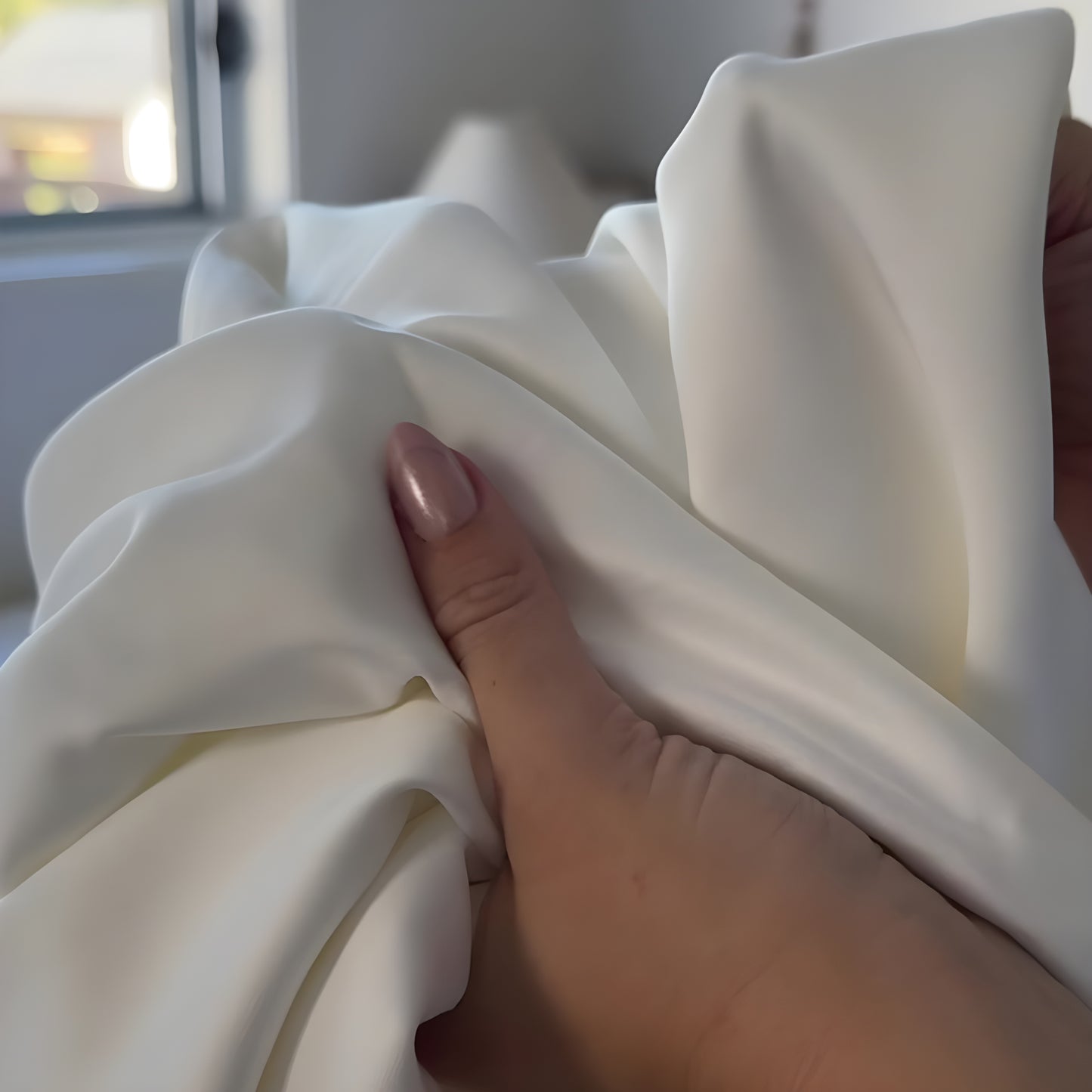 Hand holding white fabric with a blurred background