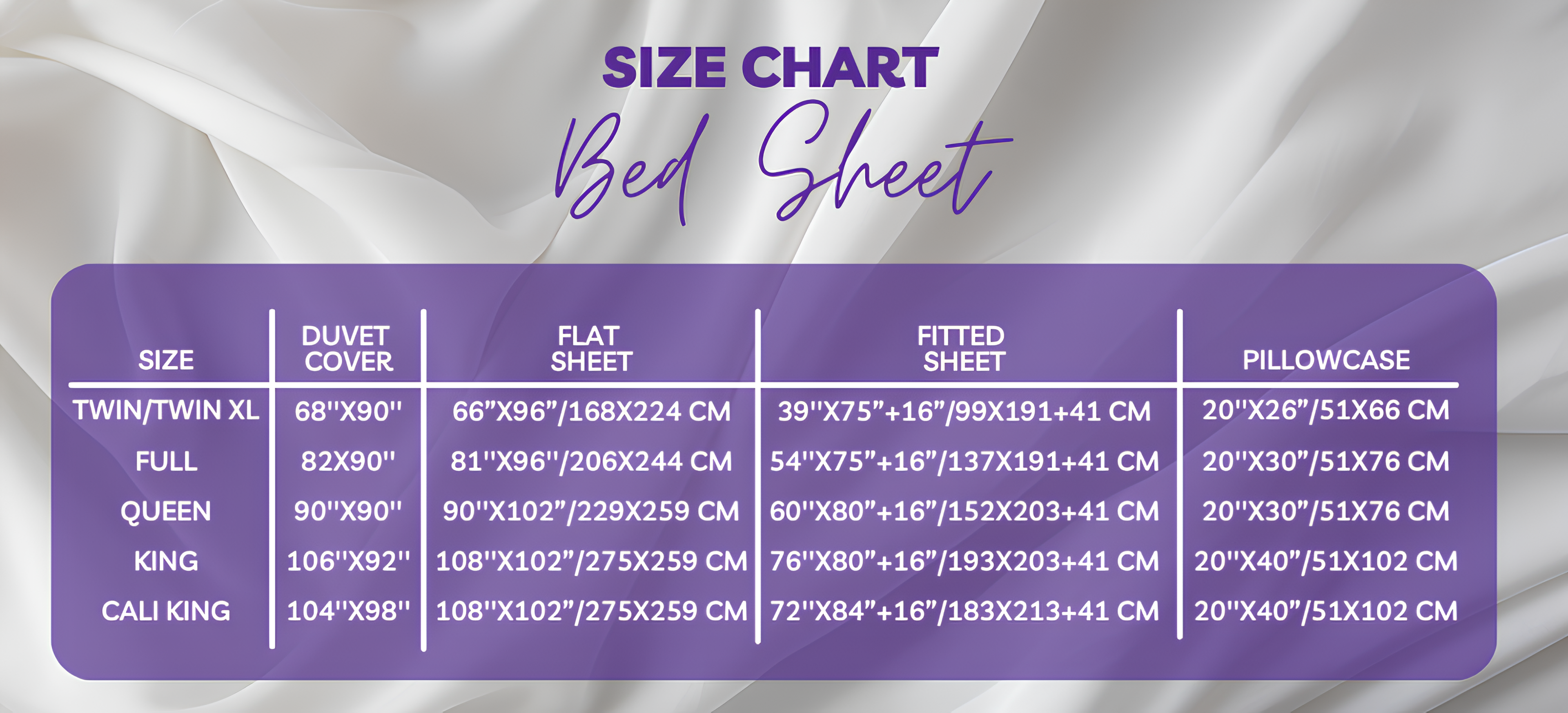 Size chart for bed sheets showing dimensions in inches and centimeters for Twin/Twin XL, Full, Queen, King, and California King sizes, including measurements for duvet covers, flat sheets, fitted sheets, and pillowcases against a soft white fabric background with purple text and table design.