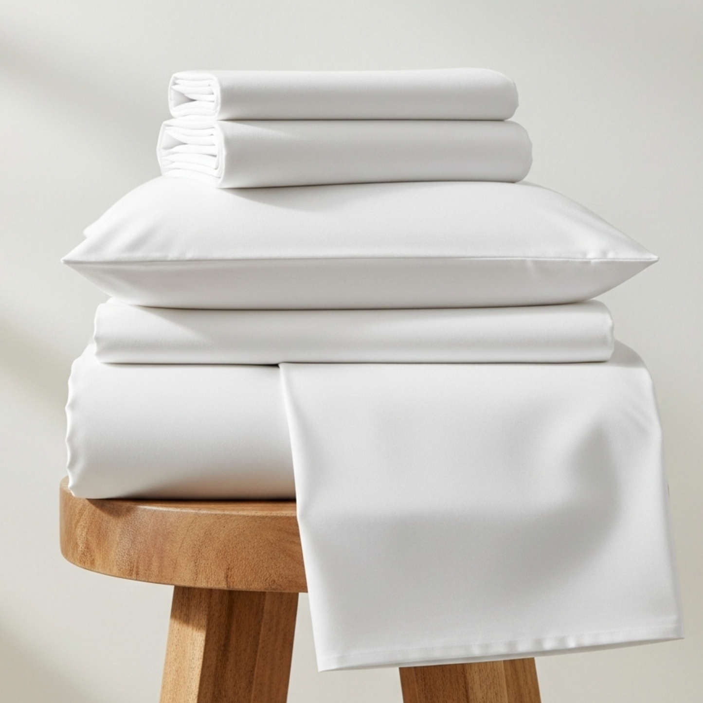 Stack of white bedding on a wooden stool against a light background
