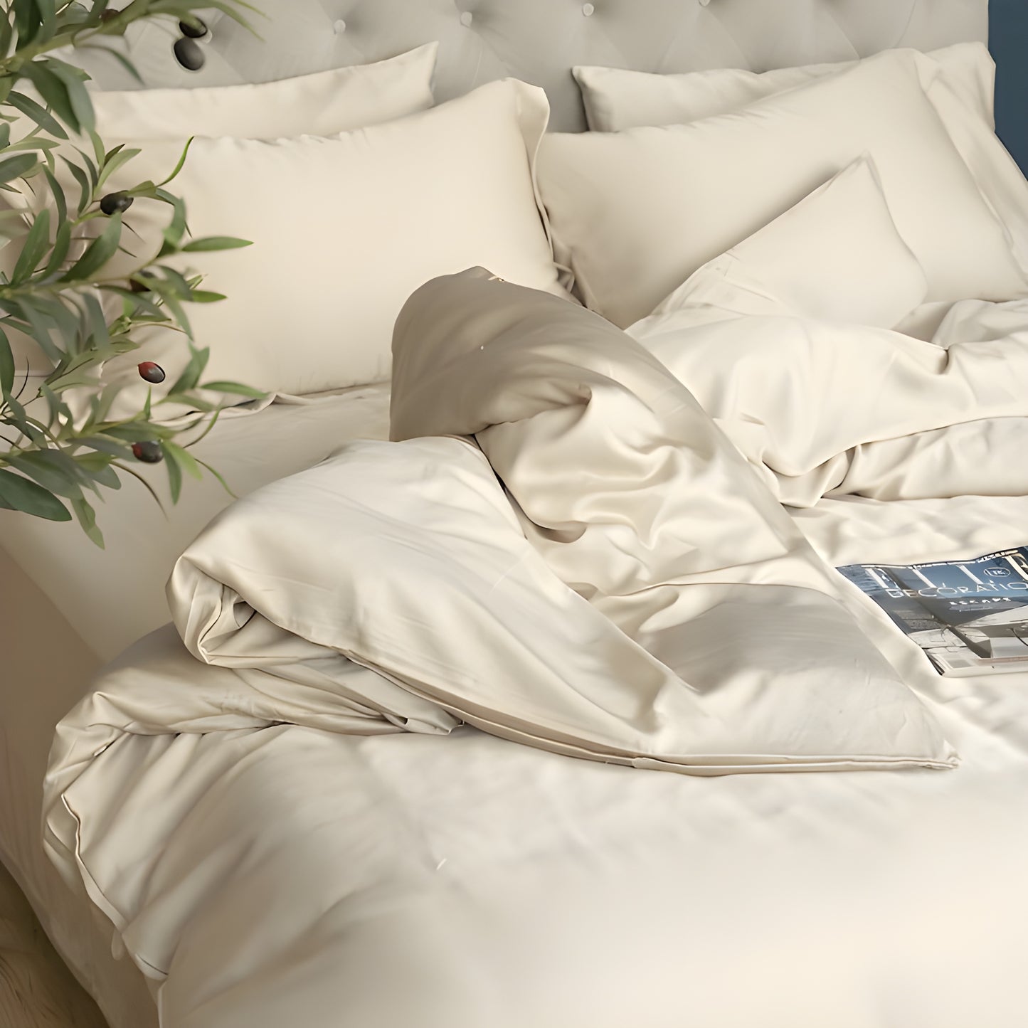 Luxurious cream bamboo bedding set styled on an elegant tufted headboard bed, creating an inviting sleep sanctuary. The silky smooth sheets and duvet cover showcase a subtle sheen that highlights the premium fabric quality. Multiple plush pillows are artfully arranged against the upholstered headboard, while the partially turned-down duvet reveals the sumptuous bedding layers. A magazine rests on the bed beside an olive branch with decorative olives, adding a touch of natural elegance.