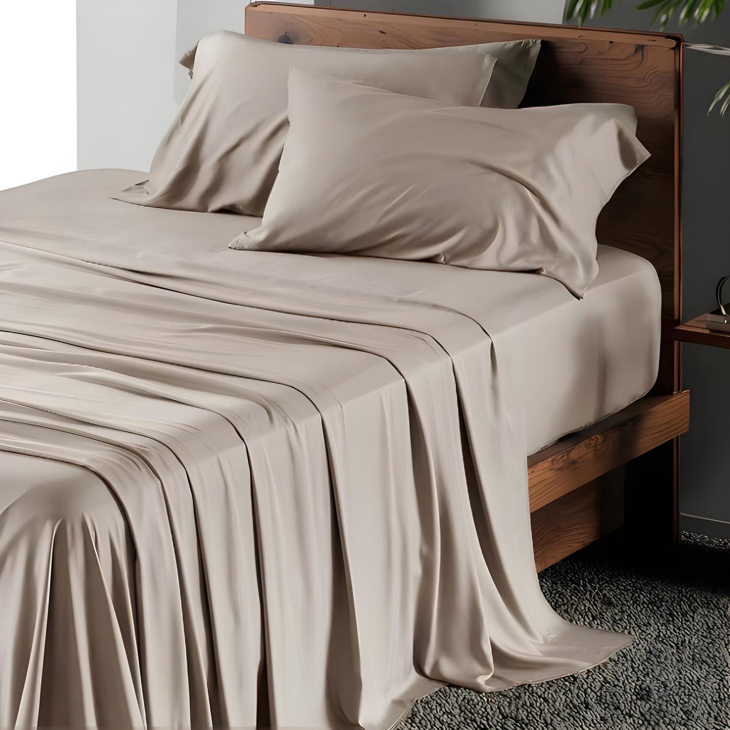 Luxurious beige bed sheets elegantly draped over a modern wooden bed frame, showcasing their silky smooth texture and perfect drape. The premium bedding set includes a fitted sheet hugging the mattress, a flowing flat sheet with subtle folds revealing its lightweight quality, and two plush pillowcases resting against the sleek wooden headboard. The neutral beige-gray color complements the warm walnut tones of the contemporary platform bed, creating a serene, sophisticated bedroom aesthetic.