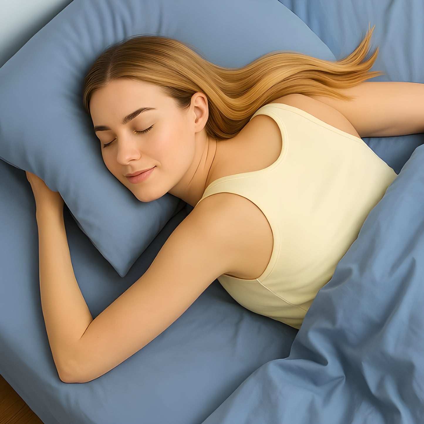 Luxurious light blue bedding showcasing premium comfort with a person peacefully sleeping on soft sheets and pillows. The sleeper, wearing a light-colored top, appears comfortable and relaxed against the plush pillow and silky sheets, demonstrating the bedding's comfort benefits.