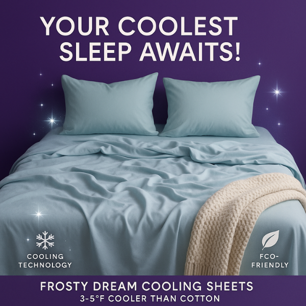 Promotional image for Frosty Dream Cooling Sheets featuring light blue bedding on a deep purple background. The advertisement showcases a beautifully styled bed with cooling sheets and matching pillowcases, complemented by a cream knitted throw. Bold white text at the top reads "YOUR COOLEST SLEEP AWAITS!" while the bottom displays "FROSTY DREAM COOLING SHEETS" and "3-5°F COOLER THAN COTTON." Two key product features are highlighted with icons: "COOLING TECHNOLOGY" and "ECO-FRIENDLY".