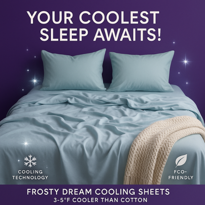 Promotional image for Frosty Dream Cooling Sheets featuring light blue bedding on a deep purple background. The advertisement showcases a beautifully styled bed with cooling sheets and matching pillowcases, complemented by a cream knitted throw. Bold white text at the top reads "YOUR COOLEST SLEEP AWAITS!" while the bottom displays "FROSTY DREAM COOLING SHEETS" and "3-5°F COOLER THAN COTTON." Two key product features are highlighted with icons: "COOLING TECHNOLOGY" and "ECO-FRIENDLY".