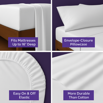 SoftlyMade premium bedding features: deep 16-inch fitted sheet for thick mattresses, envelope-closure pillowcases for secure fit, easy-on elastic corners, and bamboo fabric more durable than cotton. Luxury white sheets with purple labels on wooden bed frame.