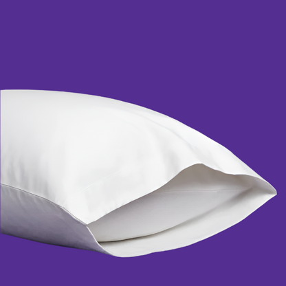 SoftlyMade envelope-closure pillowcase in crisp white bamboo fabric against purple background, featuring hidden zipper design for secure pillow coverage and luxurious sleep comfort. Premium bedding with elegant stitching detail
