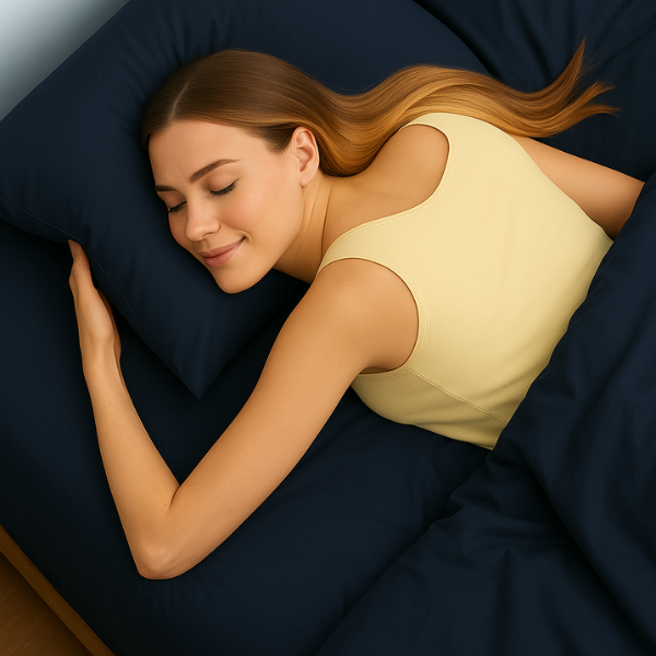 Luxurious navy blue bedding showcasing premium comfort with a person peacefully sleeping on soft sheets and pillows. The sleeper, wearing a light-colored top, appears comfortable and relaxed against the plush pillow and silky sheets, demonstrating the bedding's comfort benefits.