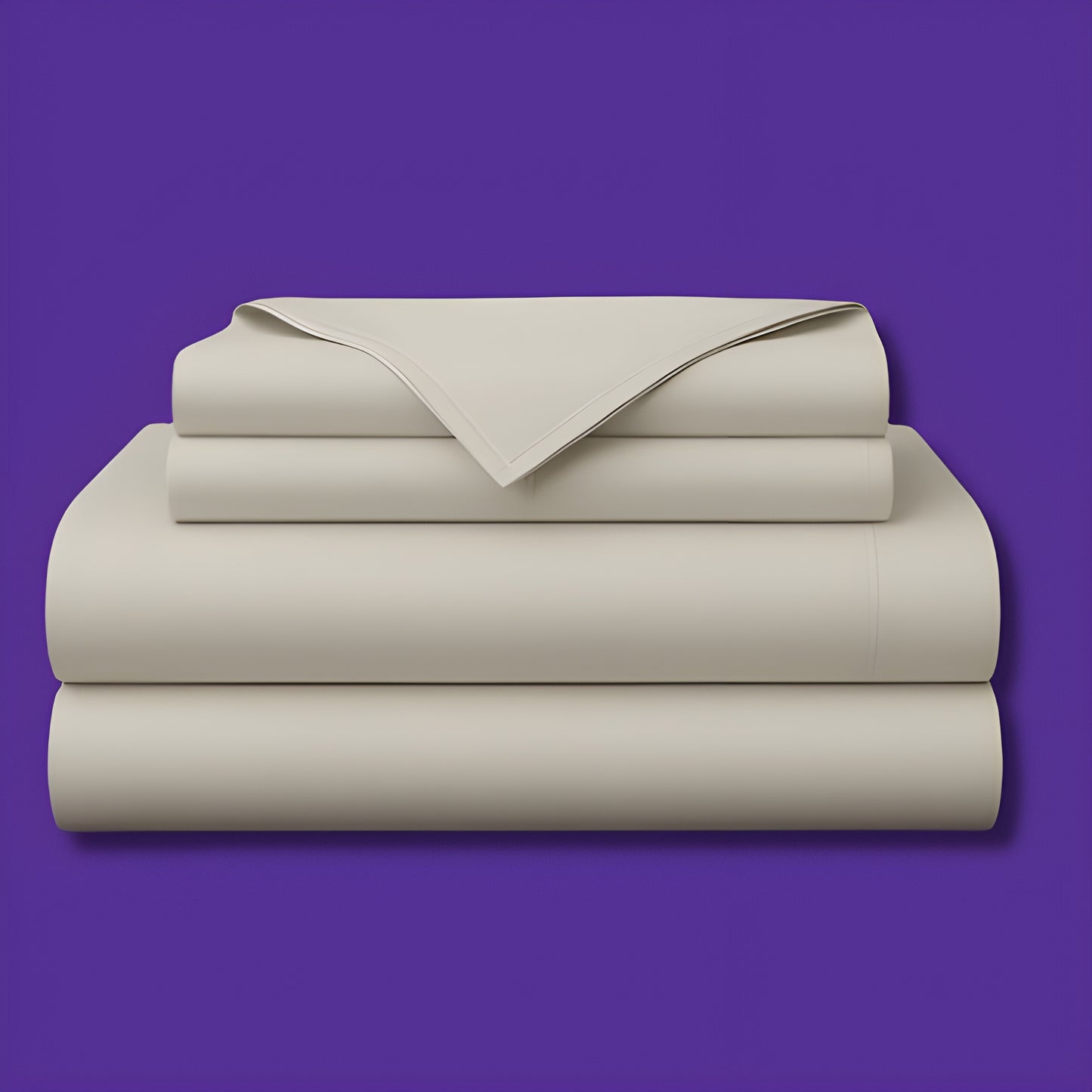 This image shows a neatly folded stack of cream-colored bed sheets on a vibrant purple background. The stack includes what appears to be a fitted sheet, flat sheet, and pillowcases. The sheets have a smooth, crisp appearance suggesting high-quality bedding. The top sheet has a folded corner revealing the edge detail.