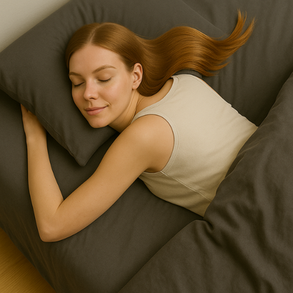 Luxurious dark grey bedding showcasing premium comfort with a person peacefully sleeping on soft sheets and pillows. The sleeper, wearing a light-colored top, appears comfortable and relaxed against the plush pillow and silky sheets, demonstrating the bedding's comfort benefits.