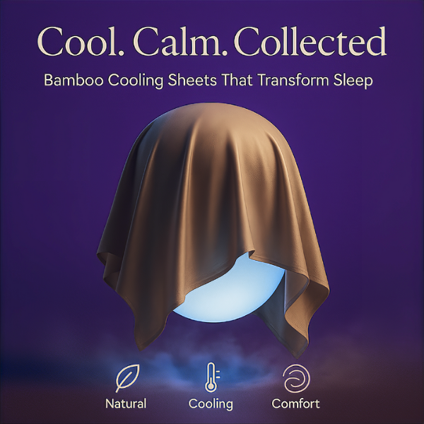 Promotional image for bamboo cooling sheets with text 'Cool. Calm. Collected' against deep purple background, featuring a draped fabric revealing a glowing blue light underneath, with three benefit icons below: Natural (leaf), Cooling (thermometer), and Comfort (swirl).