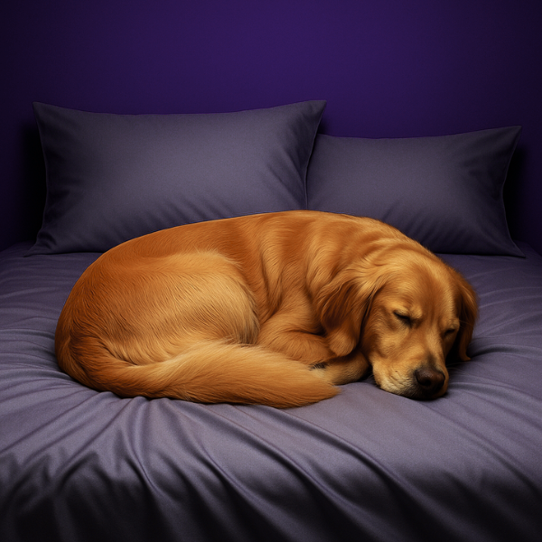 Golden retriever dog sleeping peacefully on luxurious deep purple bedding with matching pillows, demonstrating the comfort and coziness of premium bamboo sheets against a dark purple background.