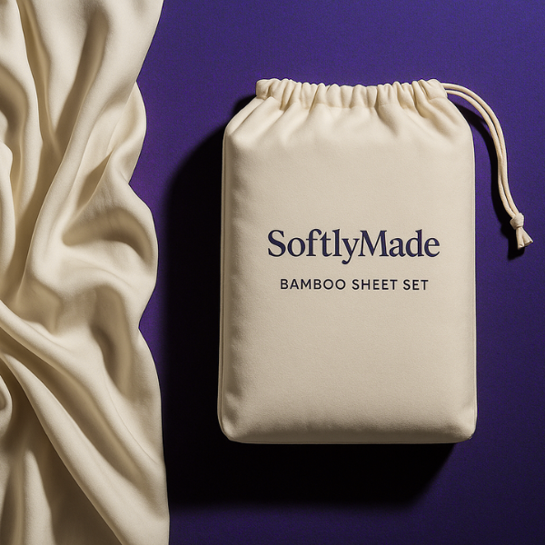 SoftlyMade premium bedding set with matching drawstring storage bag, featuring soft fabric sheets in neutral color for modern bedroom decor.