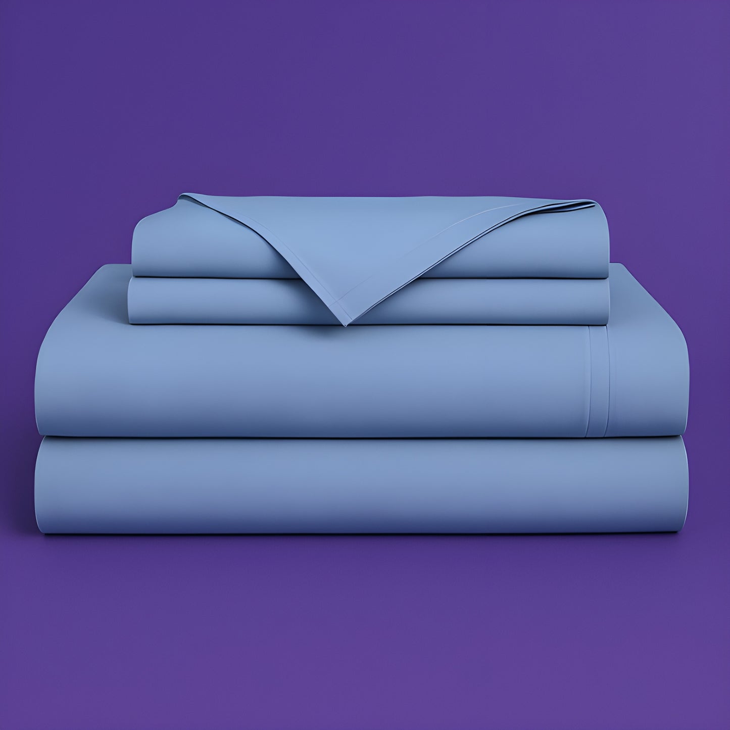This image shows a neatly folded stack of light blue bed sheets on a vibrant purple background. The stack includes what appears to be a fitted sheet, flat sheet, and pillowcases. The sheets have a smooth, crisp appearance suggesting high-quality bedding. The top sheet has a folded corner revealing the edge detail.