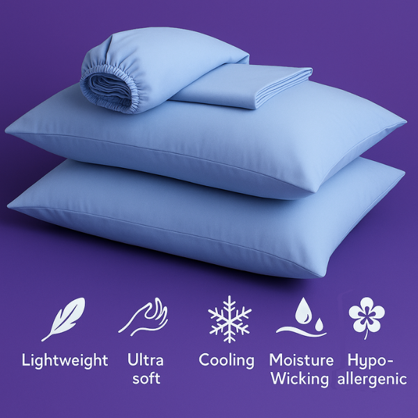 A luxurious set of premium light blue bedding displayed on a rich purple background. The image features two plush pillows stacked together with a fitted sheet and flat sheet arranged on top. Below the bedding are five white icons highlighting key product features: "Lightweight" (feather icon), "Ultra soft" (cloud icon), "Cooling" (snowflake icon), "Moisture Wicking" (water droplets icon), and "Hypoallergenic" (shield icon).