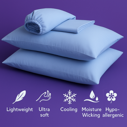 A luxurious set of premium light blue bedding displayed on a rich purple background. The image features two plush pillows stacked together with a fitted sheet and flat sheet arranged on top. Below the bedding are five white icons highlighting key product features: "Lightweight" (feather icon), "Ultra soft" (cloud icon), "Cooling" (snowflake icon), "Moisture Wicking" (water droplets icon), and "Hypoallergenic" (shield icon).