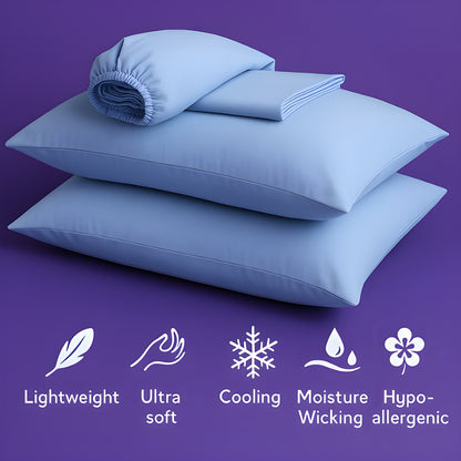 A luxurious set of premium light blue bedding displayed on a rich purple background. The image features two plush pillows stacked together with a fitted sheet and flat sheet arranged on top. Below the bedding are five white icons highlighting key product features: "Lightweight" (feather icon), "Ultra soft" (cloud icon), "Cooling" (snowflake icon), "Moisture Wicking" (water droplets icon), and "Hypoallergenic" (shield icon).