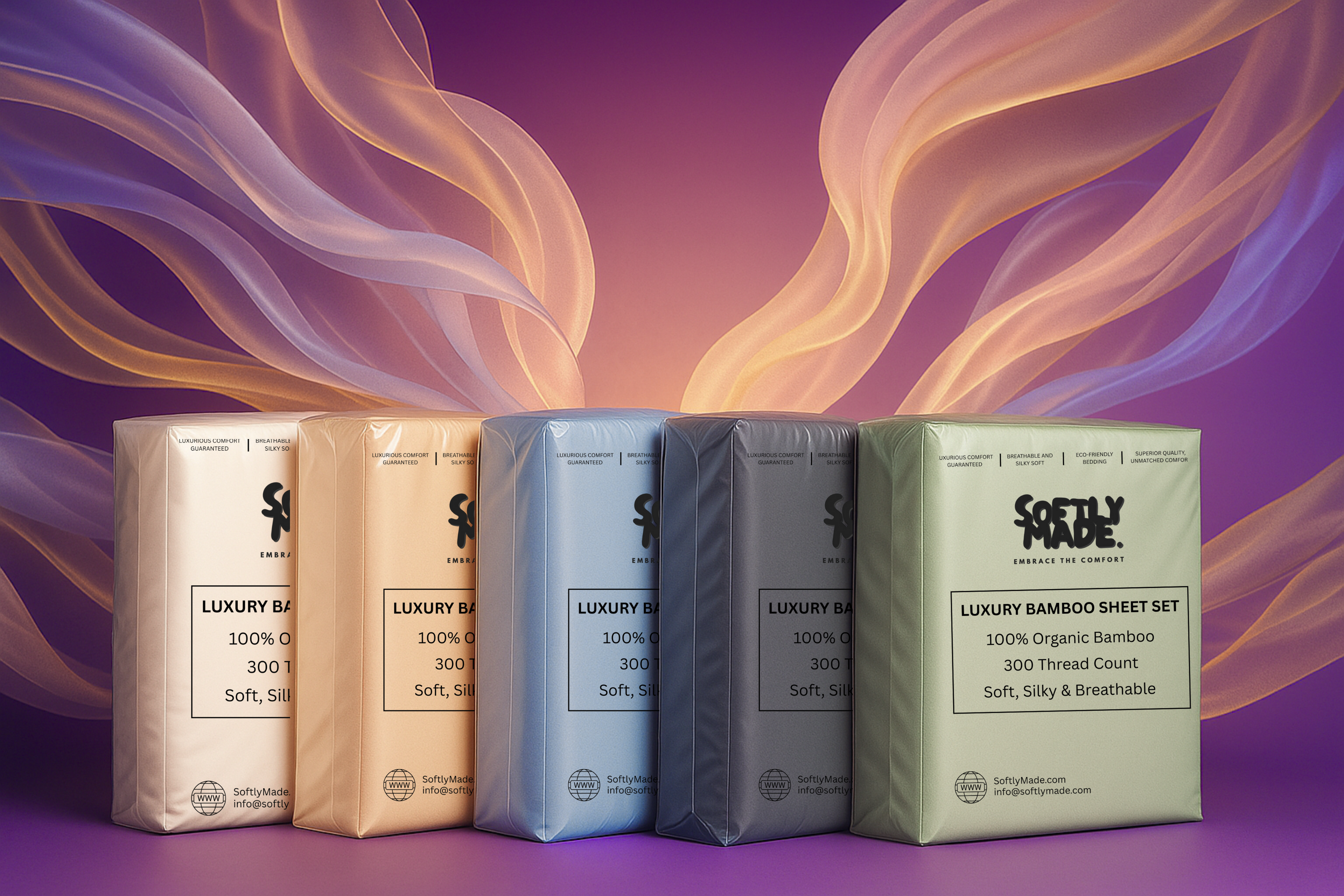 Five SoftlyMade luxury bamboo sheet set packages in different colors - white, beige, light blue, dark gray, and sage green - arranged in a row against a vibrant purple background with flowing, ethereal silk-like ribbons creating a dreamy, luxurious atmosphere.