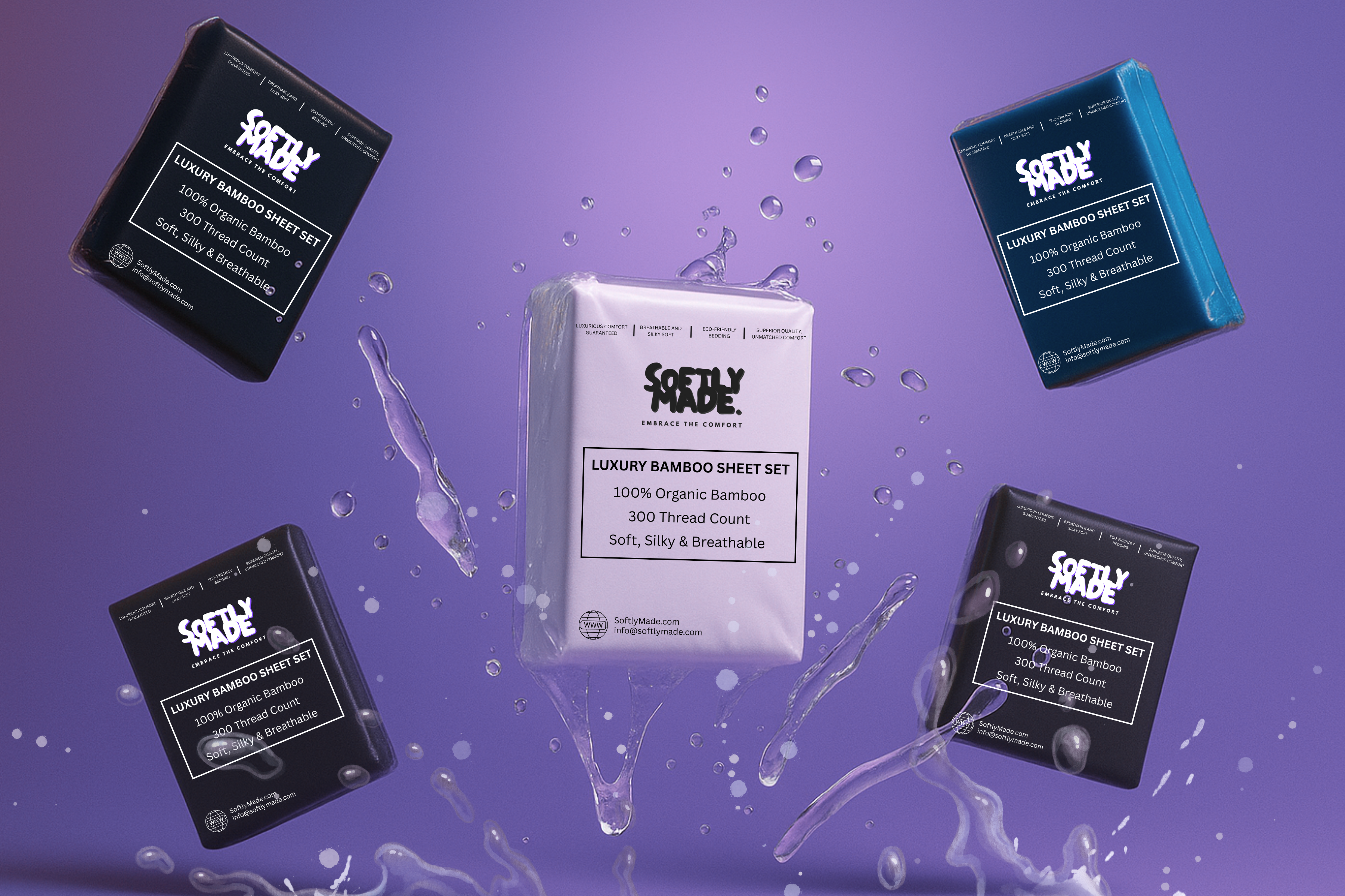SoftlyMade luxury bamboo sheet set packages floating in mid-air with dynamic water splashes against a rich purple background - featuring a central white package surrounded by dark blue, teal, and grey packages, creating a sense of movement and freshness.