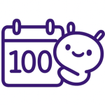 Purple icon of a calendar with the number 100 and a robot-like character next to it.
