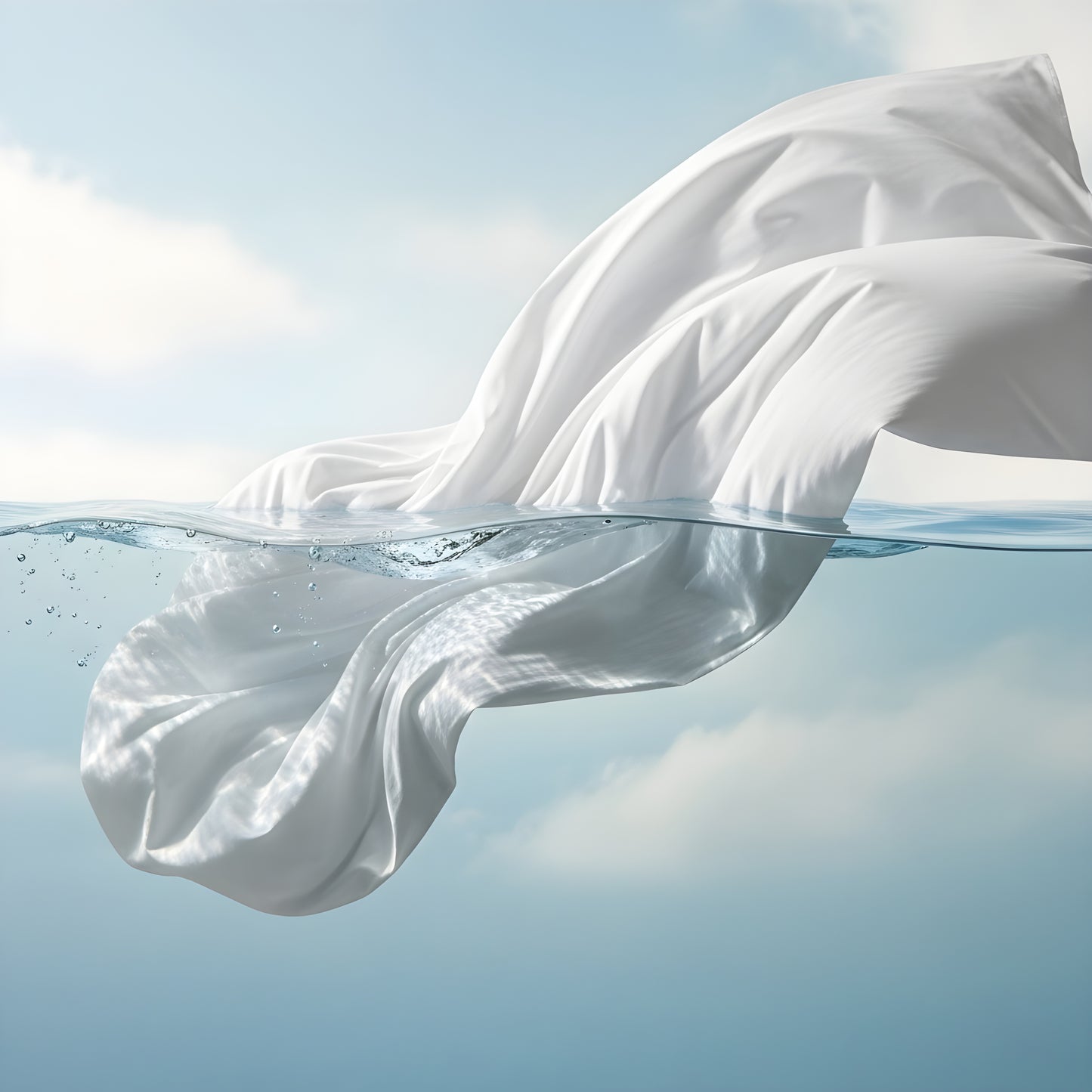 White bamboo sheet gracefully floating half-submerged in clear water, with gentle ripples and splashes reflecting sunlight under a bright blue sky with soft clouds.