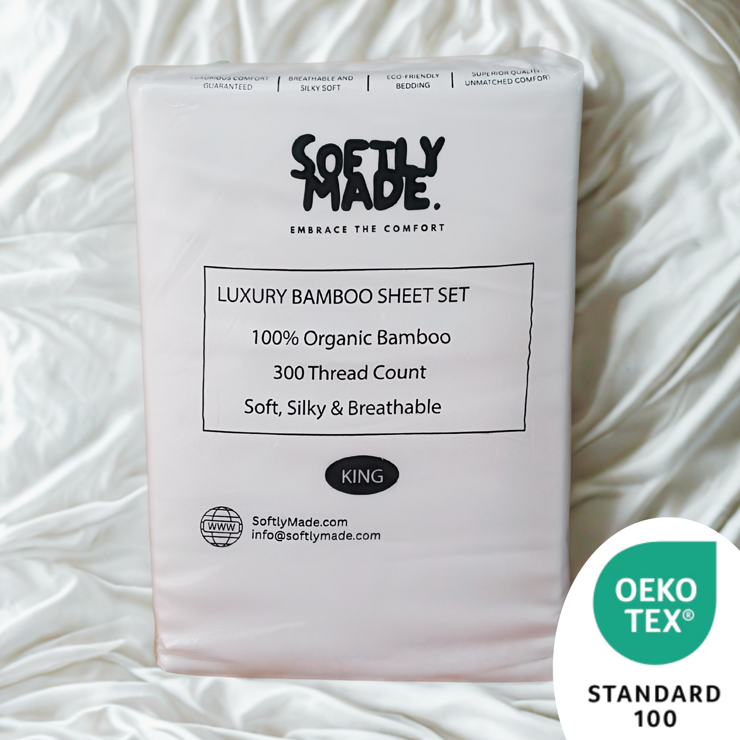 Softly Made luxury bamboo sheet set packaging on a white textured background
