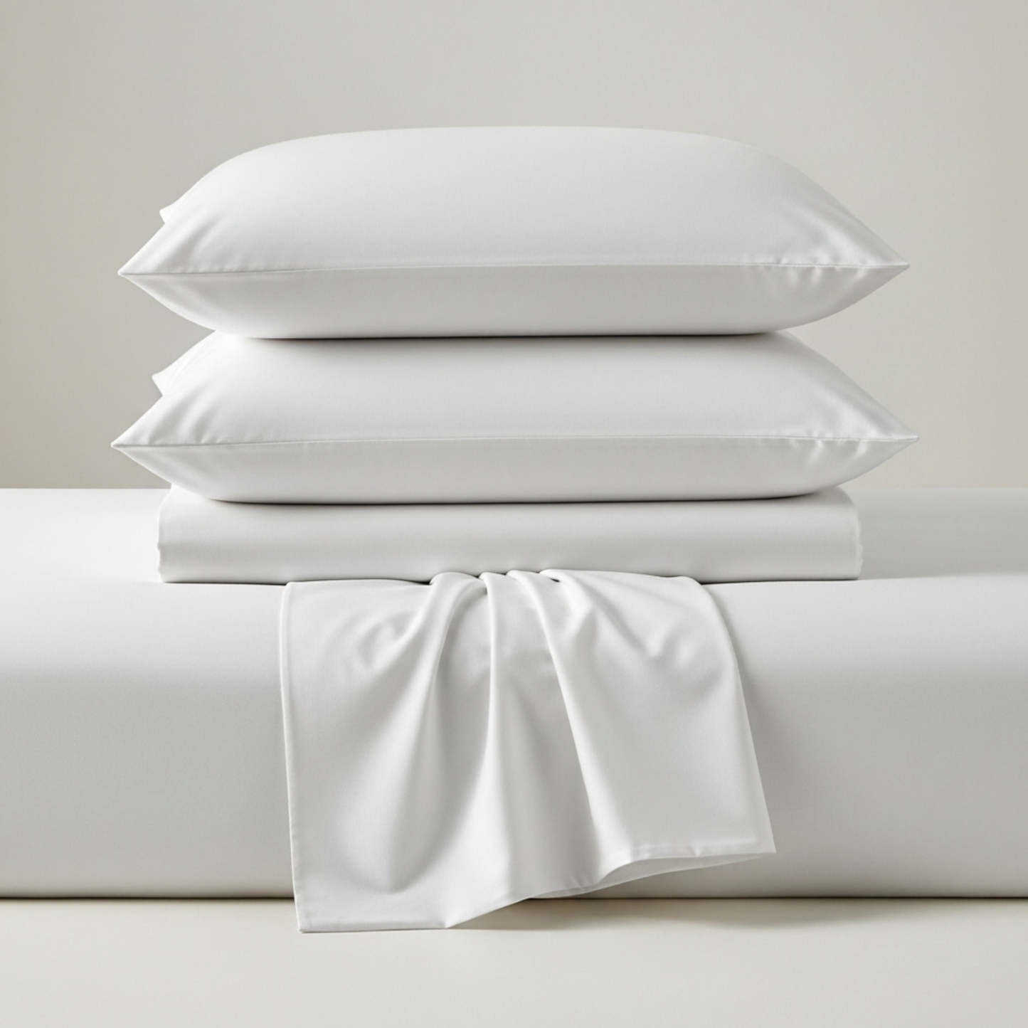 White bed sheets and pillows on a neutral background