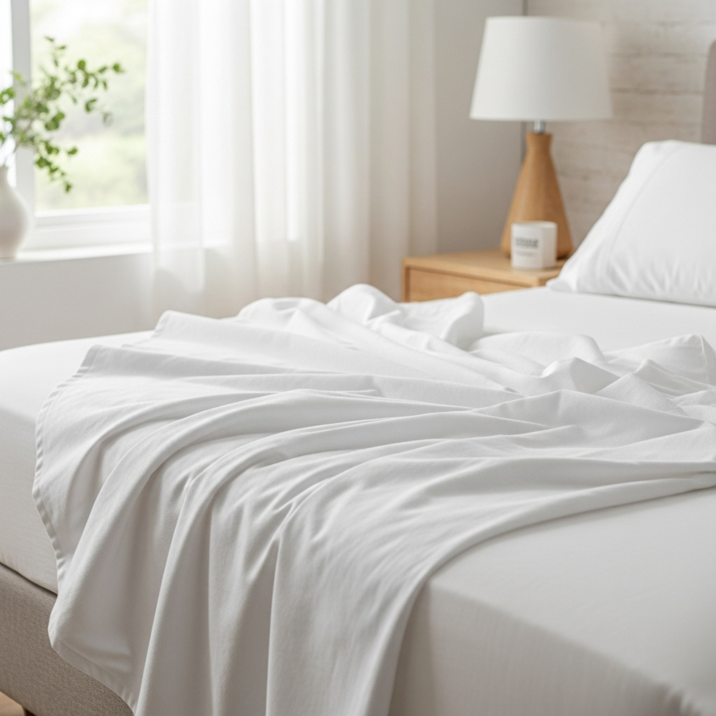 White bedspread on a neatly made bed in a bright bedroom with a lamp and window.