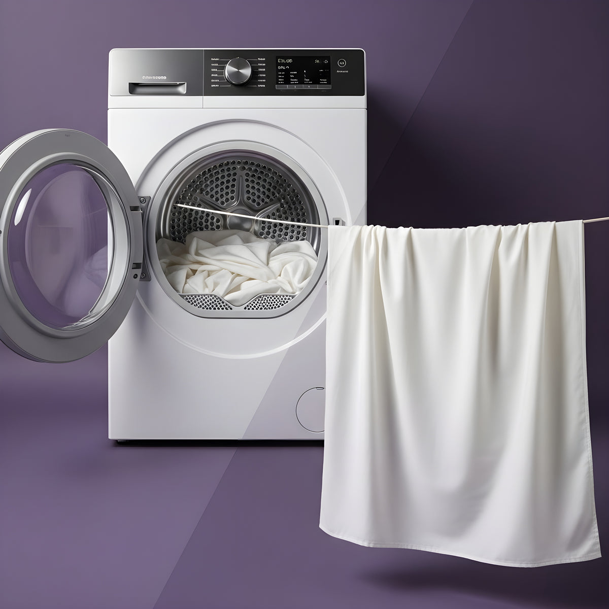 White dryer with open door showing bed sheets, white sheets hanging on a line against a purple wall.