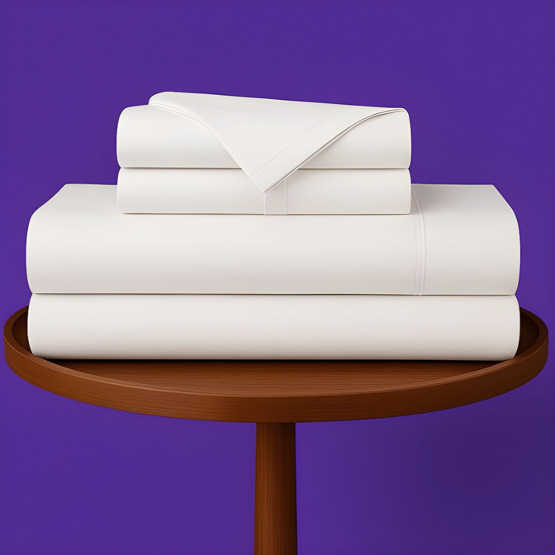 SoftlyMade premium white bamboo bed sheets neatly folded on wooden round table against purple background. Luxury bedding set with flat sheet, fitted sheet and pillowcases for comfortable sleep.