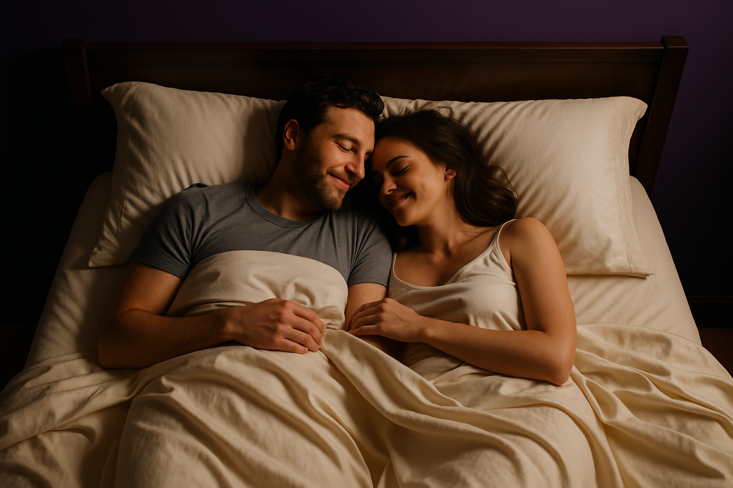 Couple relaxing together on SoftlyMade cream bedding with plush pillows, sharing a peaceful moment in warm ambient lighting, showcasing premium comfort bedding for restful sleep.