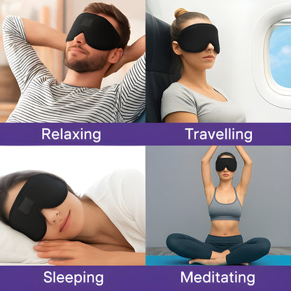 Versatile 3D sleep mask shown in four everyday uses: person relaxing at home, traveler resting on airplane, comfortable sleeping in bed, and during meditation practice - premium blackout eye mask for multiple wellness applications.