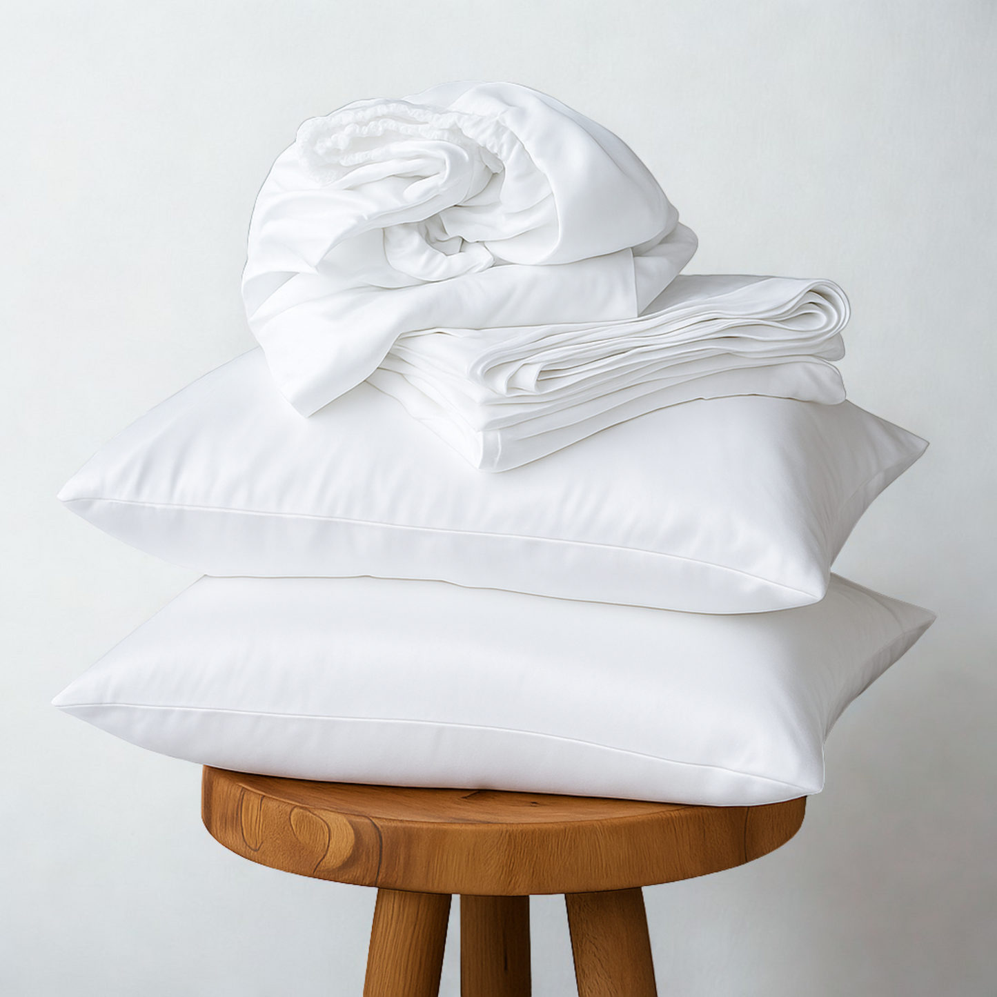 Stack of white pillows and bed sheets on a wooden stool against a light gray background