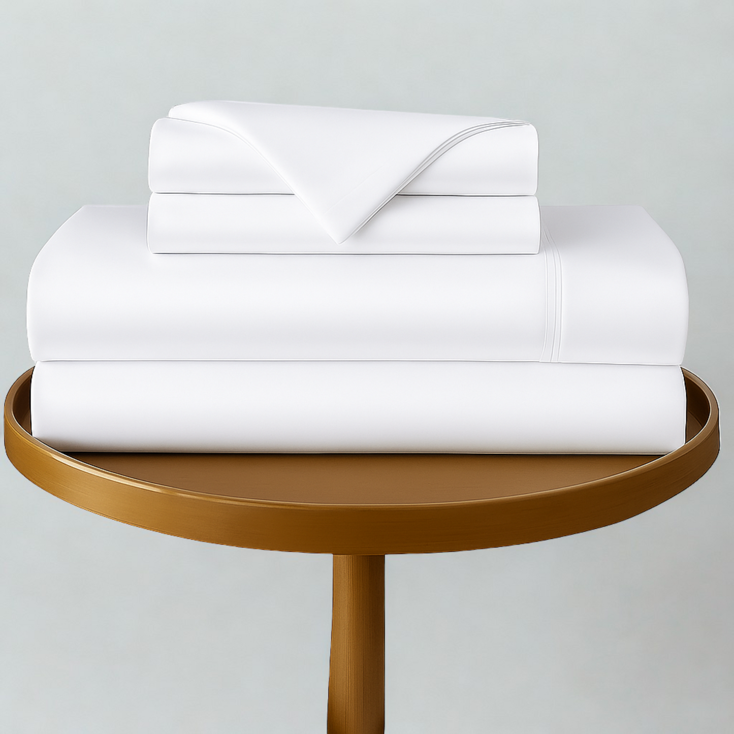 Stack of white folded bamboo sheets on a wooden table against a light gray background
